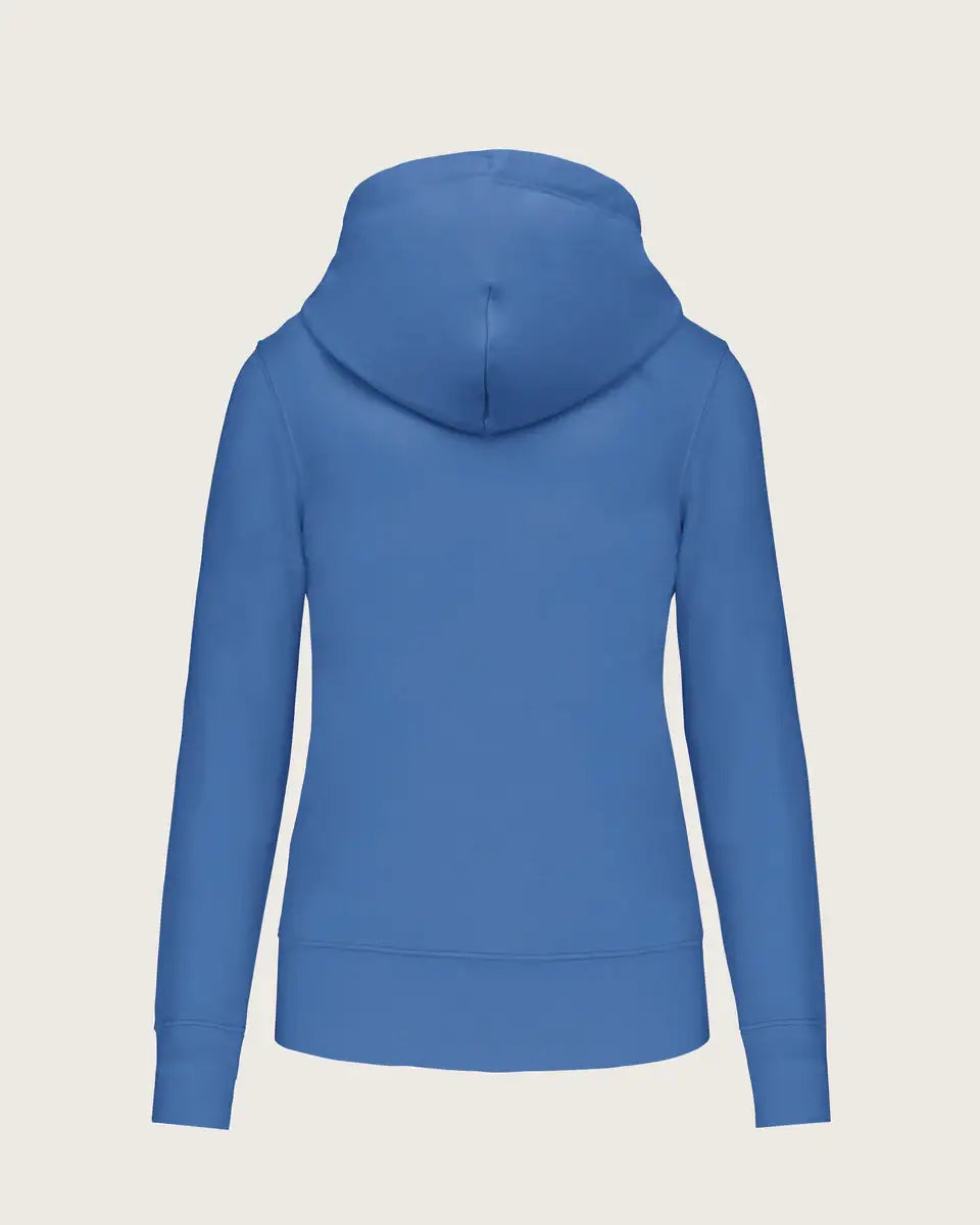 Damen Kapuzen-Sweatshirt in Hellblau, Rückansicht, langarm, schlichte nachhaltige Mode