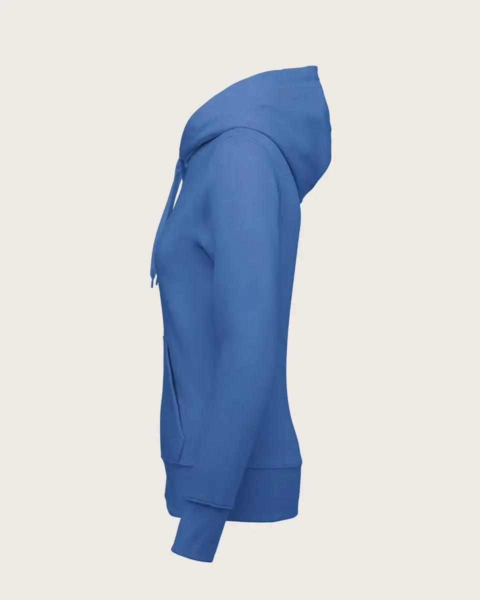 Damen Kapuzenpullover in Hellblau, Seitenansicht, schlichte nachhaltige Mode