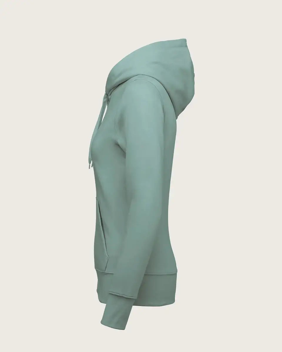 Damen Kapuzenpullover mintgrün, seitliche Ansicht, nachhaltige Mode, schlichte Optik