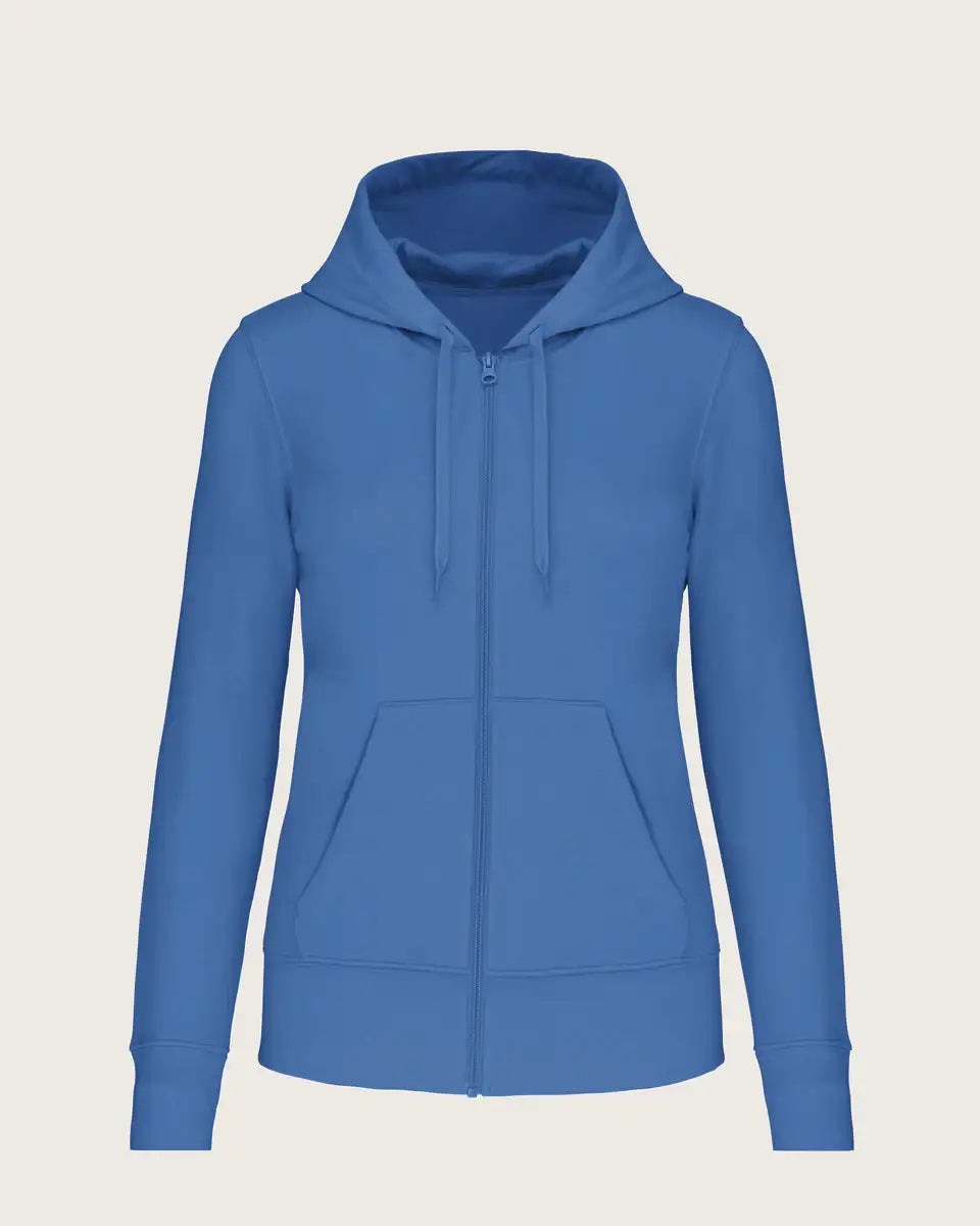 Damen Kapuzen-Sweatjacke in Blau mit Reißverschluss und Kängurutaschen, nachhaltige Mode