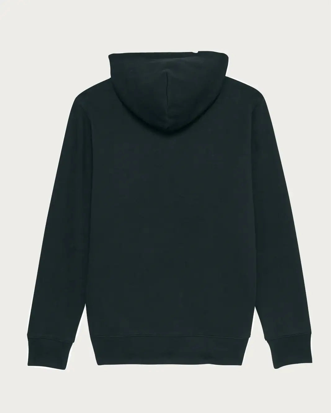 Unisex Kapuzenpullover in Schwarz, Rückansicht, schlichtes Design, nachhaltige Mode