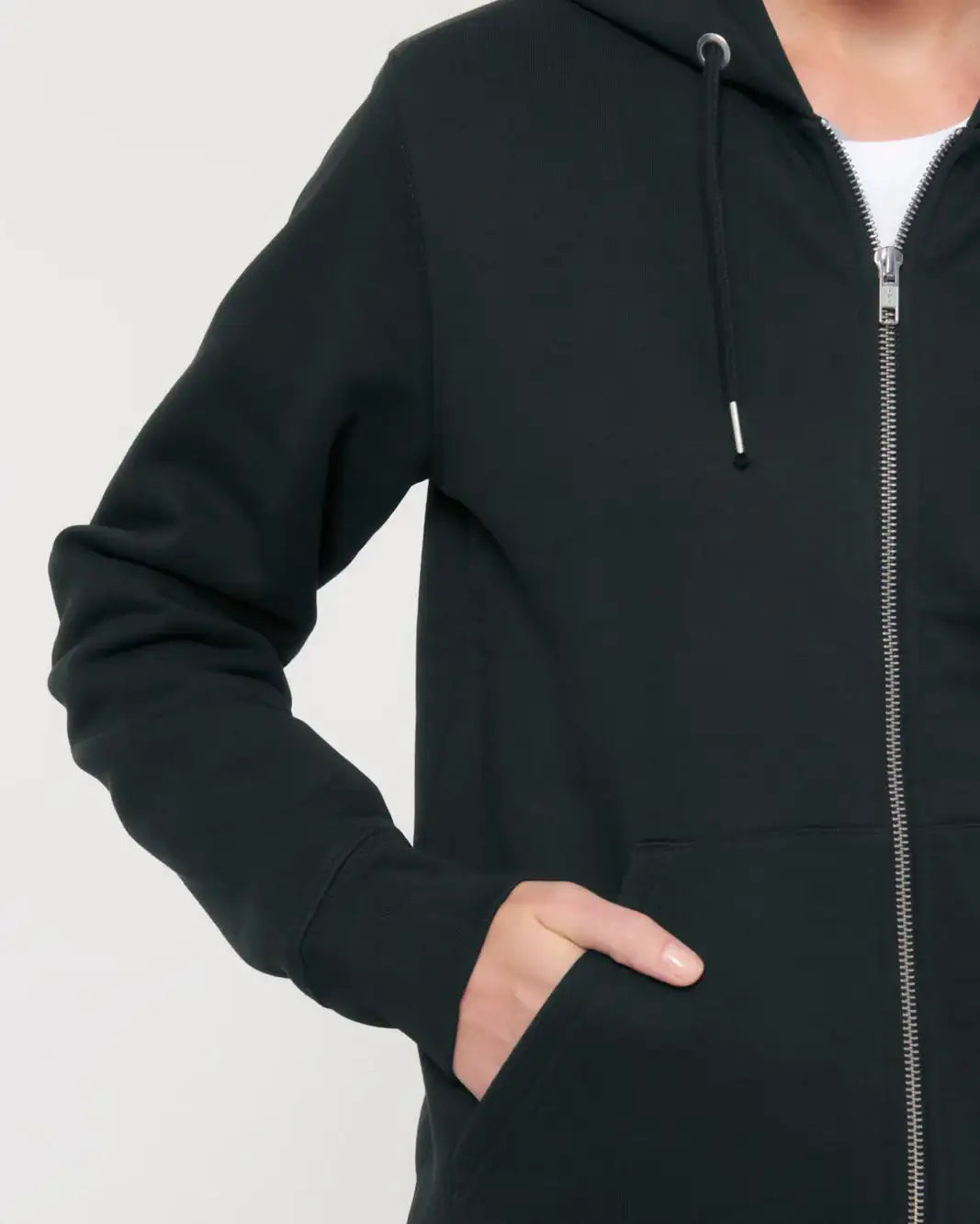 Schwarzer Unisex-Hoodie mit Reißverschluss und Kapuze, nachhaltige Mode