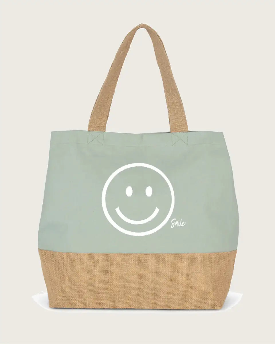 Jute Baumwolltasche in Natur und Salbeigrün mit weißem Smiley-Aufdruck und Henkel