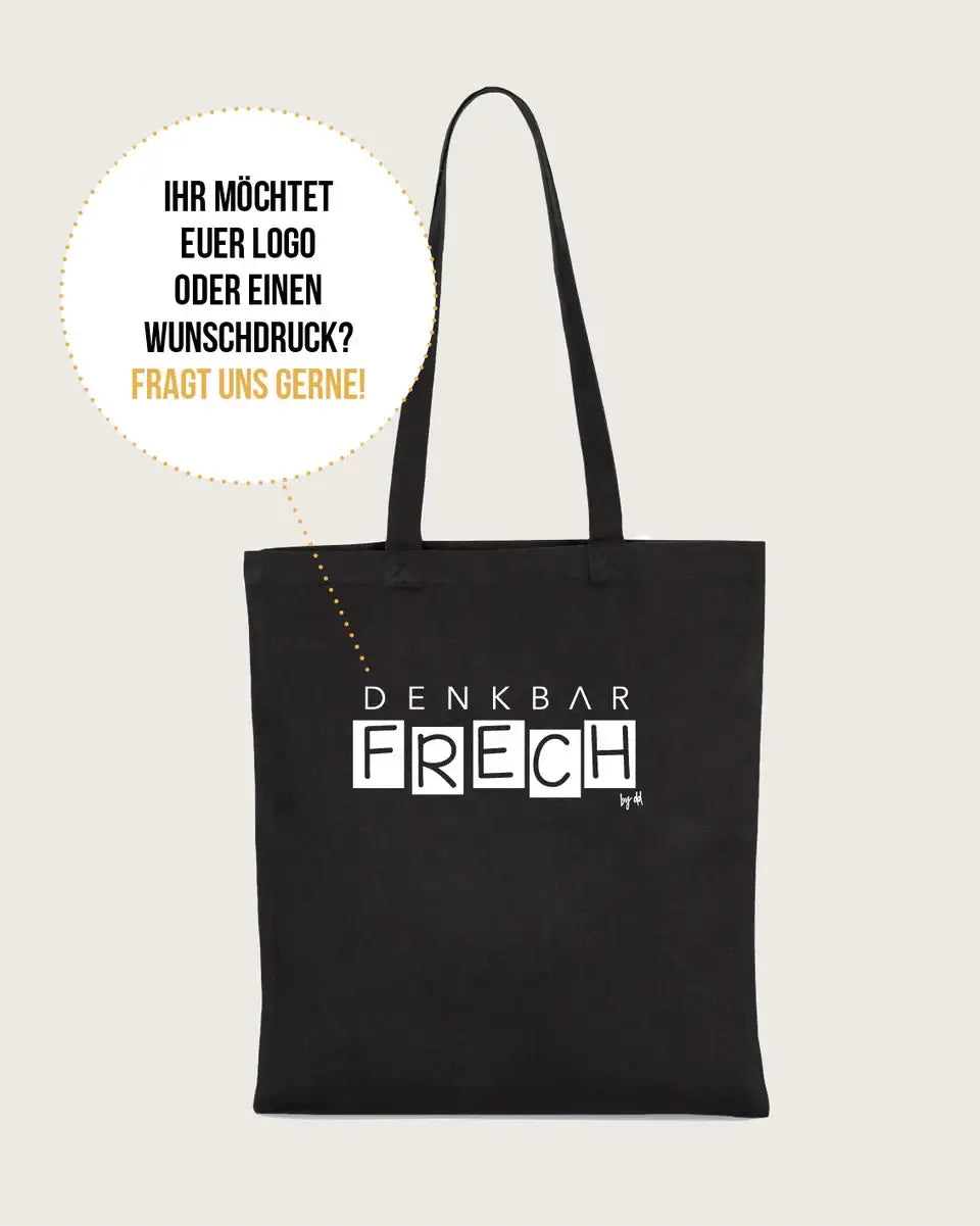 Schwarze Baumwolltasche mit langen Henkeln und weißem Aufdruck, individuell bedruckbar.