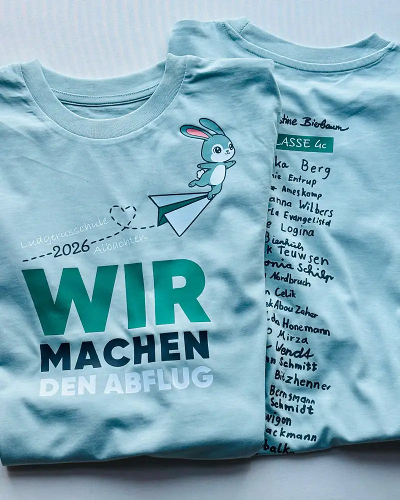Abschluss T-Shirt 2026 mit Aufdruck Hase auf Papierflieger, Namen, türkis, Kinder Mode