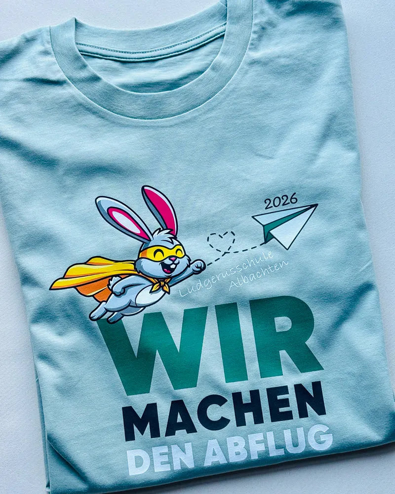 Hellblaues T-Shirt mit Superhelden-Hasen, Schriftzug &