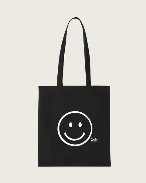 Schwarze Einkaufstasche aus Bambus mit weißem Smiley-Aufdruck und langen Henkeln