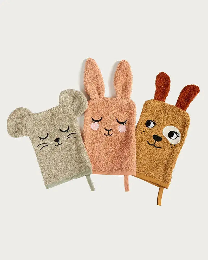 Drei Bio-Kinderwaschlappen mit Tiermotiven Maus, Kaninchen und Hund, nachhaltig.