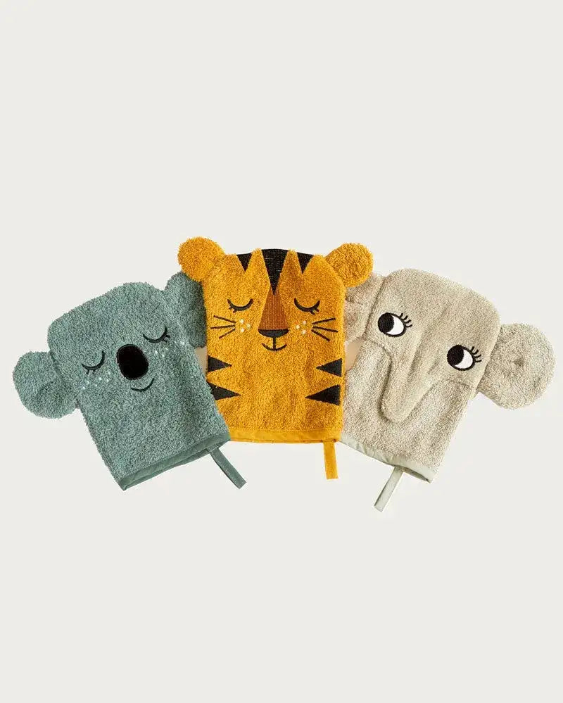 Bio Kinder Waschlappen Koala, Tiger und Elefant aus Baumwolle, Tiermotive, nachhaltig