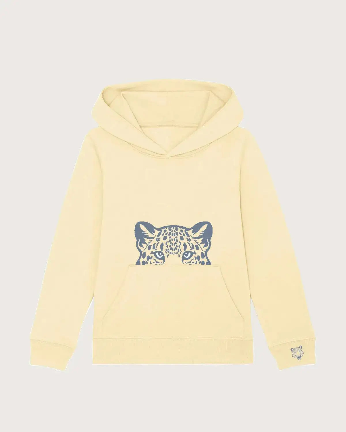 Nachhaltiger Bio Kinder Hoodie in Gelb mit Leoparden-Motiv auf der Vorderseite