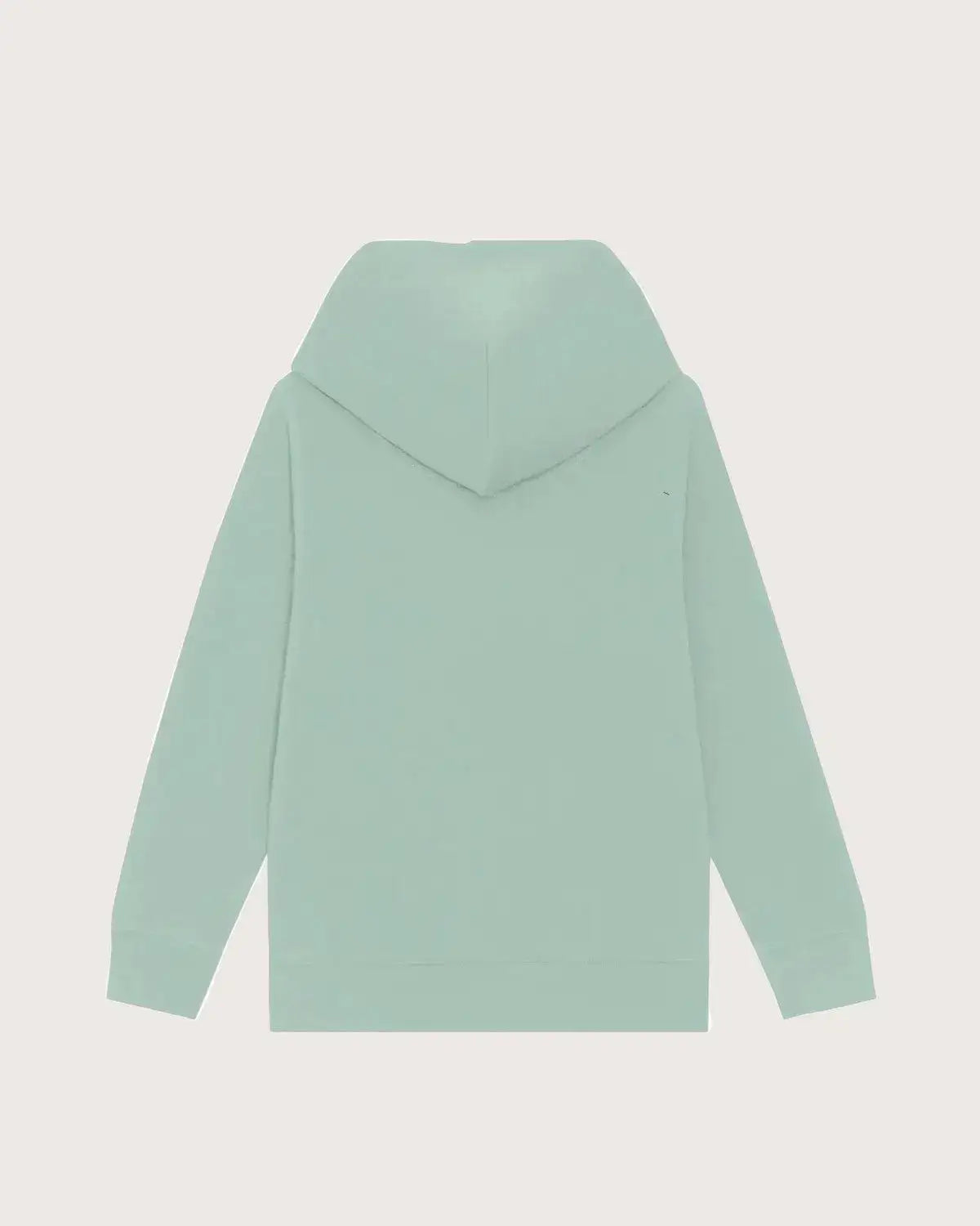 Nachhaltiger Kinder Hoodie in Mintgrün, Rückansicht, lange Ärmel, Kapuze, einfarbig.
