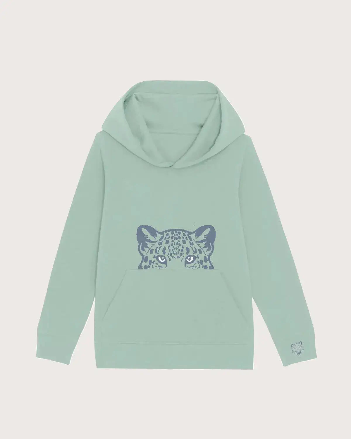 Mintgrüner Bio-Kinder-Hoodie mit Leopardenmotiv vorne, nachhaltige Mode