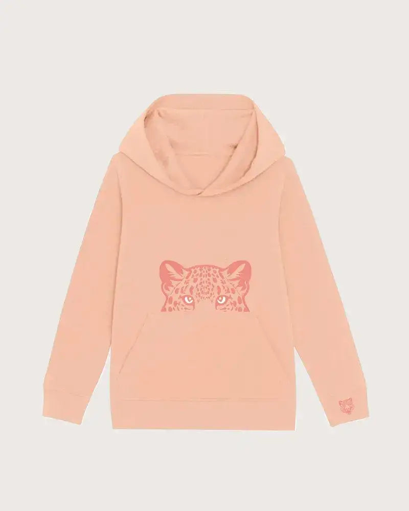Nachhaltiger, pfirsichfarbener Bio Kinder Hoodie mit Leopardenprint auf Brust und Ärmel