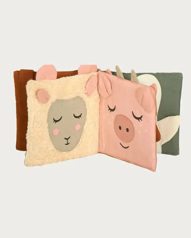 Stoff-Babybuch mit Tiermotiven Schaf, Schwein und Hase für Kleinkinder