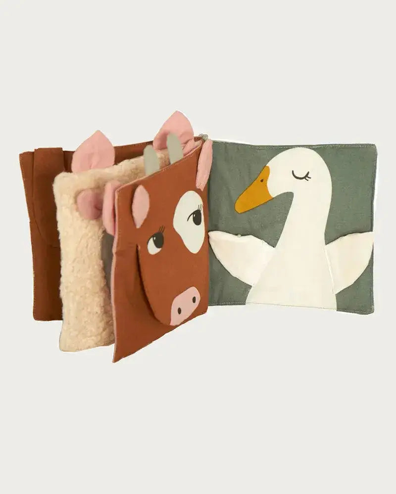 Weiches Baby-Stoffbuch mit Tiermotiven: Kuh, Schaf, Hase und Gans, nachhaltig gestaltet