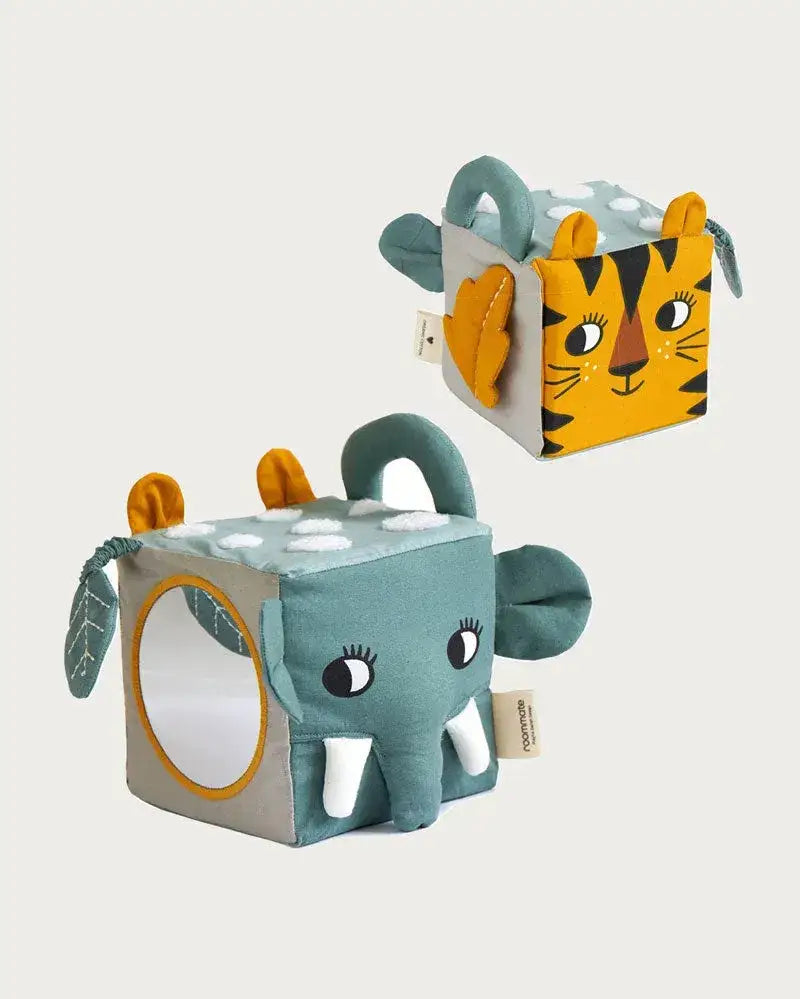 Weiche Greifwürfel für Babys in Elefant- und Tiger-Design, nachhaltig und bunt