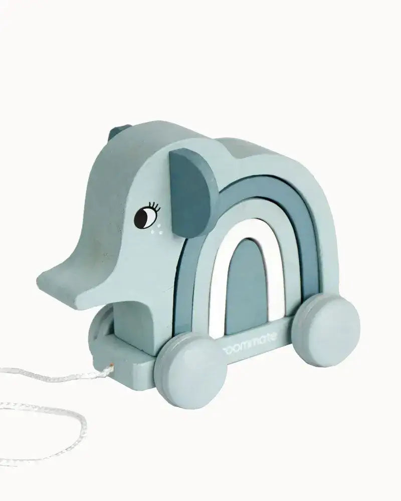 Blauer Holz-Elefant zum Ziehen, nachhaltiges Holzspielzeug für Kinder mit Regenbogen-Design