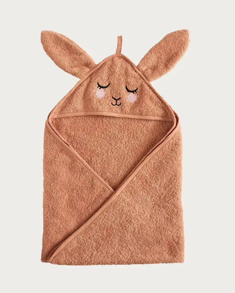 Kinder Kapuzenhandtuch aus Frottee mit Hasenohren und gesticktem Hasengesicht, braun