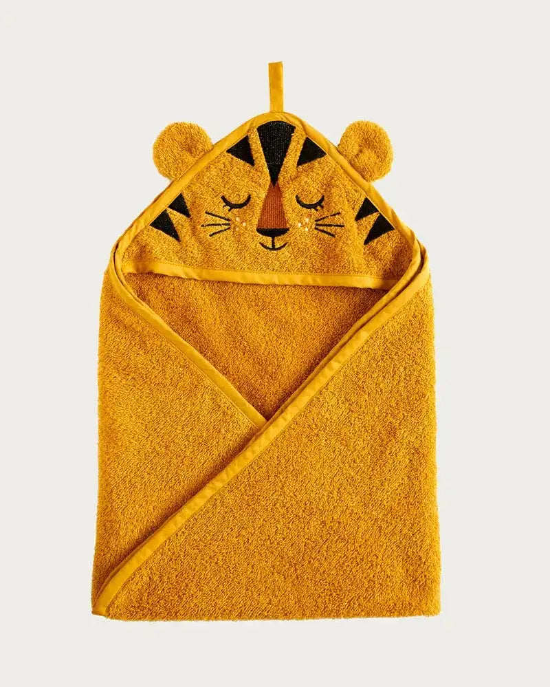 Kinder Kapuzenhandtuch Tiger Design, gelb, aus weicher Bio-Baumwolle