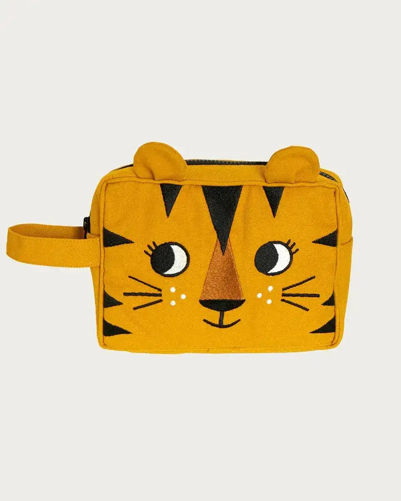 Kinder Kulturbeutel Waschtasche mit Tiger-Motiv in Gelb aus Stoff, mit Trageschlaufe