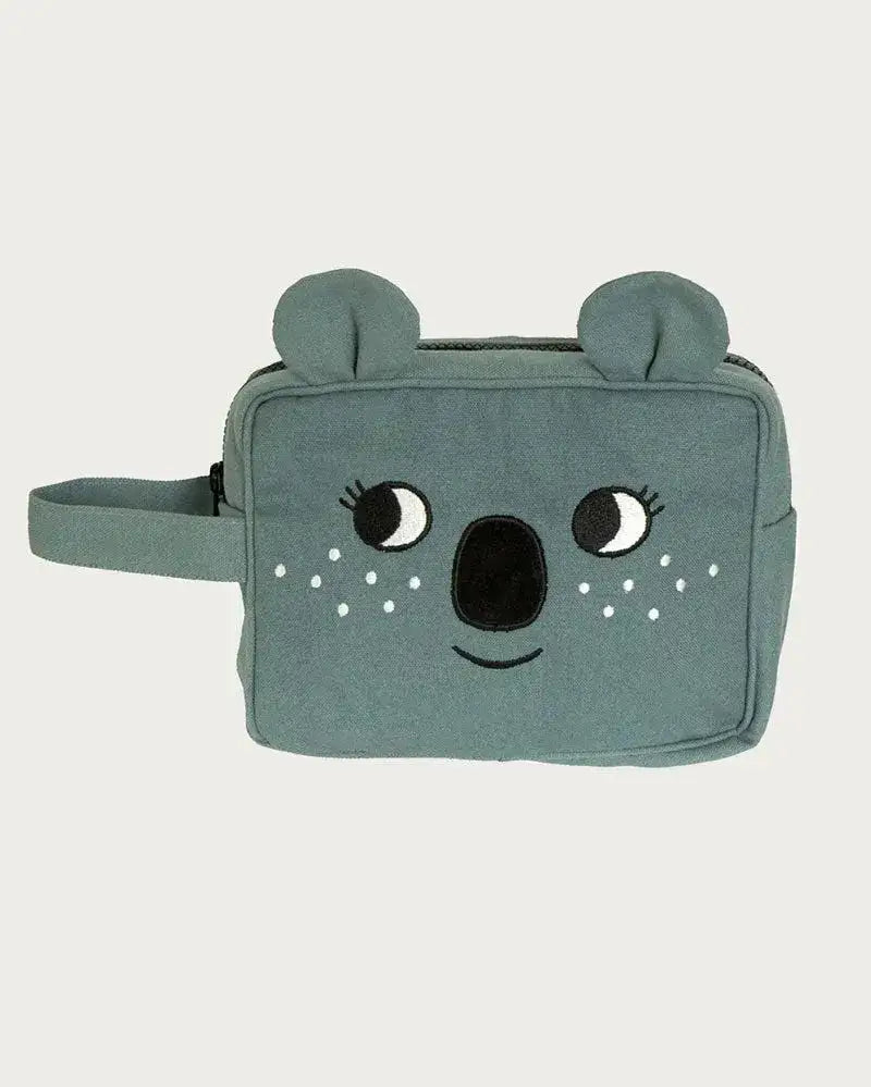 Grauer Kinder-Kulturbeutel mit Koala-Gesicht und Ohren, nachhaltiges Design.
