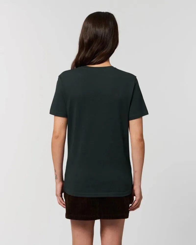 Frau in schwarzem unisex Bio-baumwollt-shirt, back