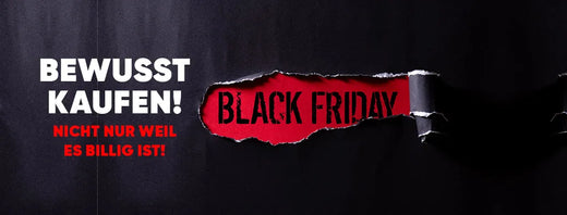 Black Friday Banner mit aufgerissenem Papier, Text: Bewusst kaufen, nachhaltige Angebote