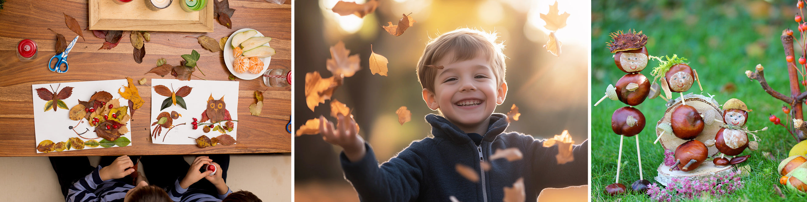 Herbst Bastelideen mit Kindern: Laubbilder, Kastanienmännchen und lachender Junge im Park