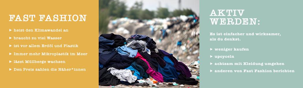Bunte Altkleider auf Müllberg, Infografie zu Fast Fashion Umweltschäden und nachhaltigen Alternativen