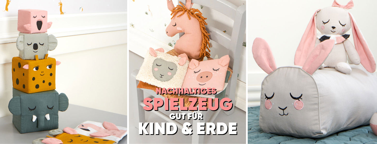 Spielsachen für Babys & Kleinkinder- Stapelwürfel und weises Buch mit Tiergesichtern wie ein Schwein, Schaf o. Elefant wie auch 1 Kaninchen-Sitzkissen