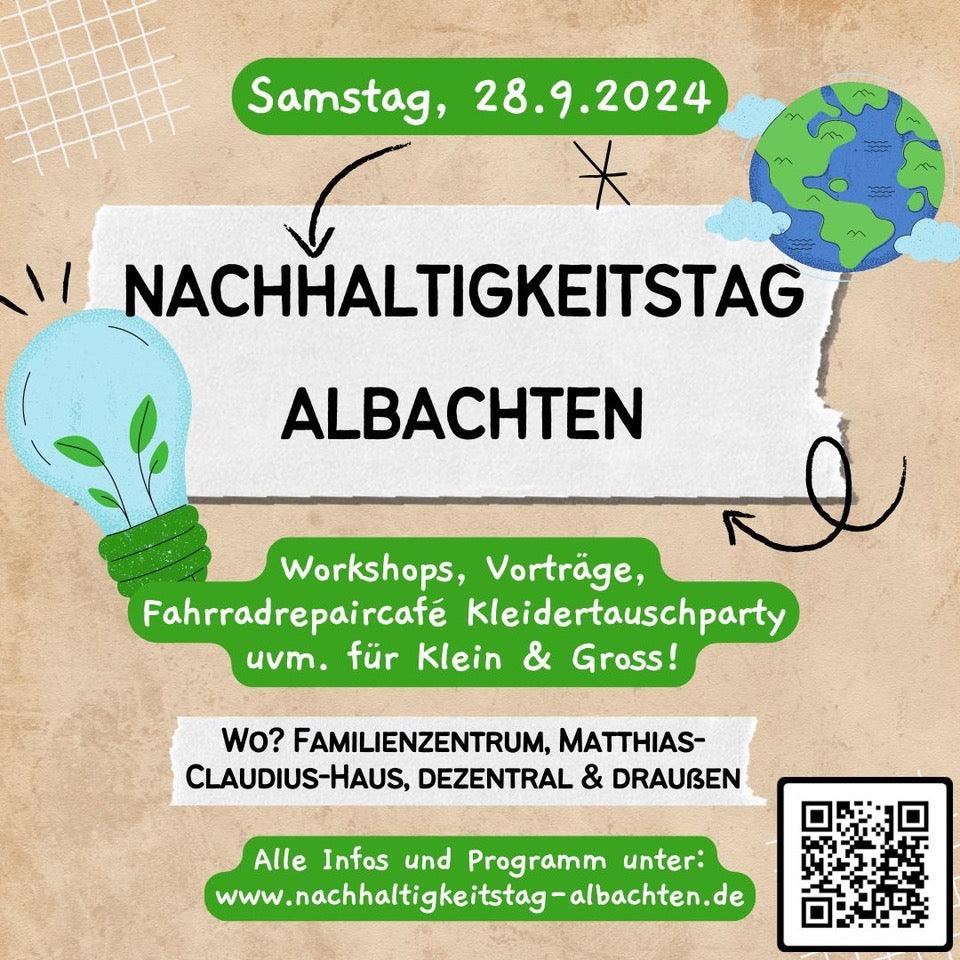 Nachhaltigkeitstag Albachten 2024 Flyer mit Glühbirne, Erde und Eventdetails, Fokus auf Workshops, Vorträge und Nachhaltigkeit