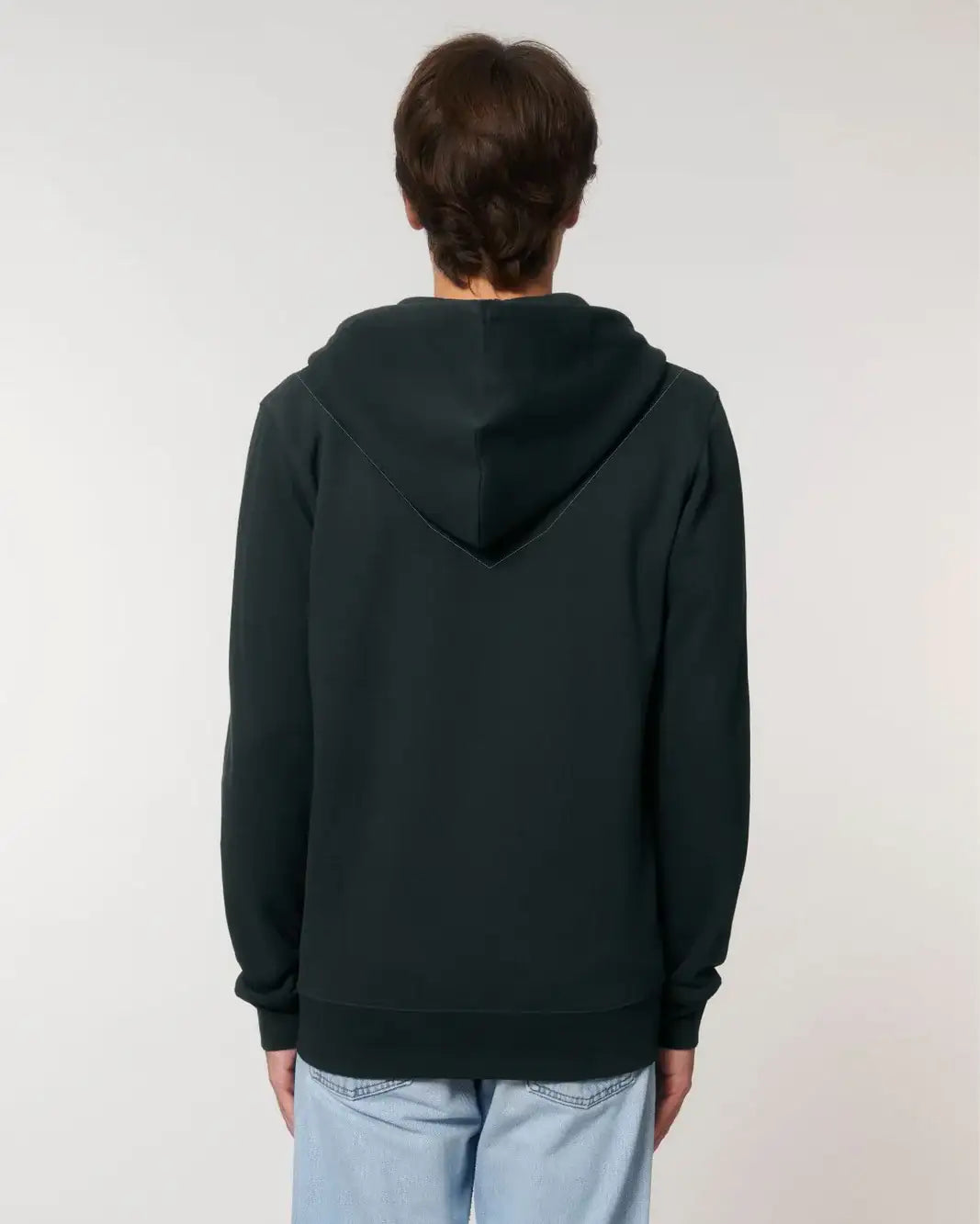 Unisex Hoodie in Schwarz, Rückenansicht, lange Ärmel, Kapuze, nachhaltige Mode
