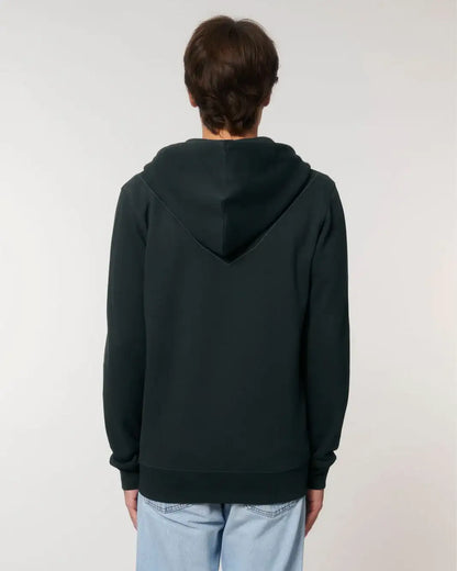 Unisex Hoodie in Schwarz, Rückenansicht, lange Ärmel, Kapuze, nachhaltige Mode