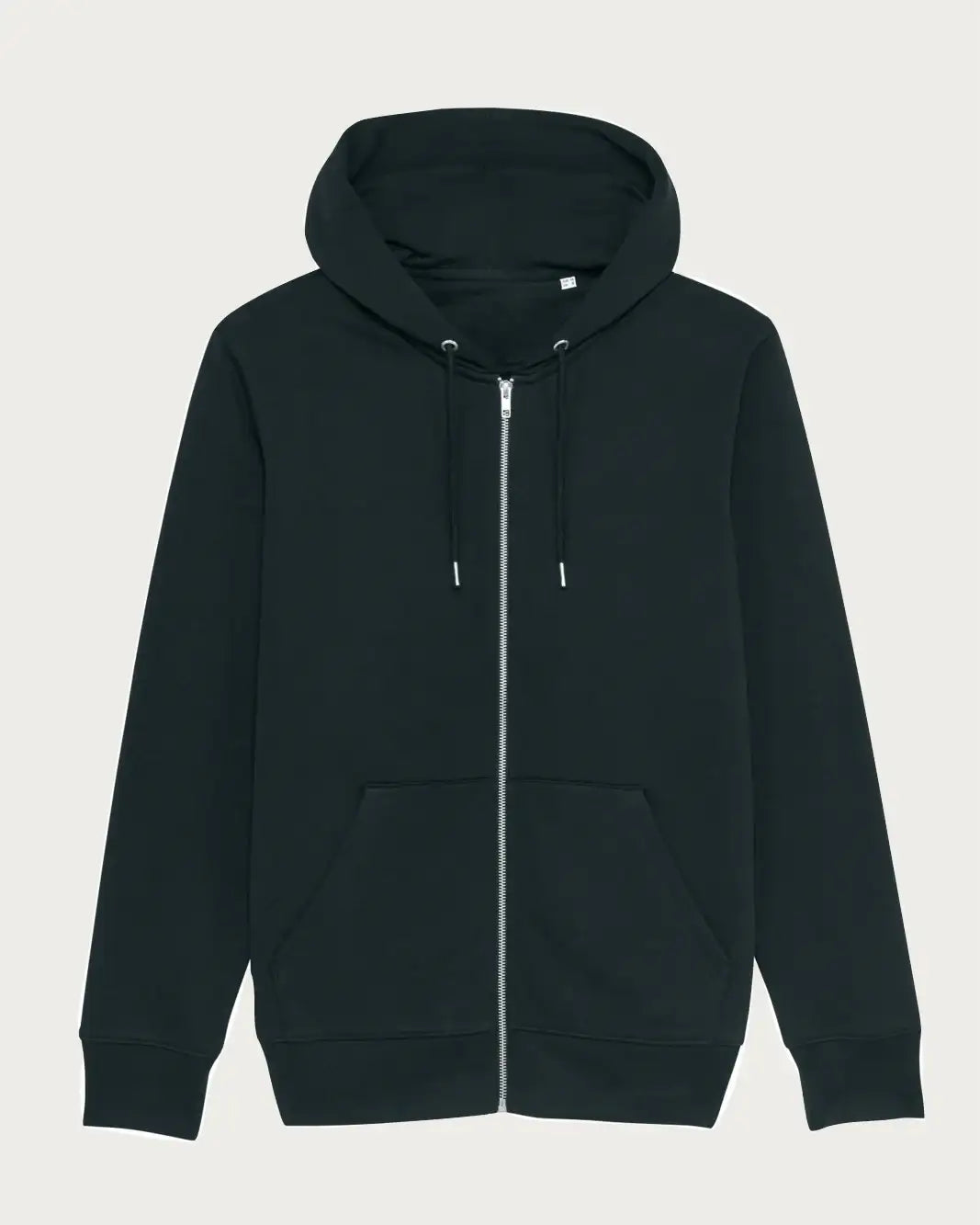 Unisex schwarzer Hoodie mit Reißverschluss und Kapuze, Kängurutaschen, nachhaltig