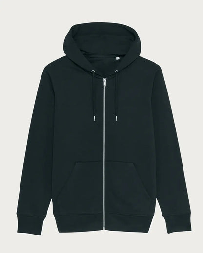 Unisex schwarzer Hoodie mit Reißverschluss und Kapuze, Kängurutaschen, nachhaltig