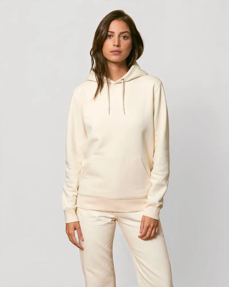 Frau in Unisex Hoodie (Bio-Baumwolle), creme weiss, front