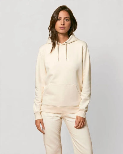 Frau in Unisex Hoodie (Bio-Baumwolle), creme weiss, front