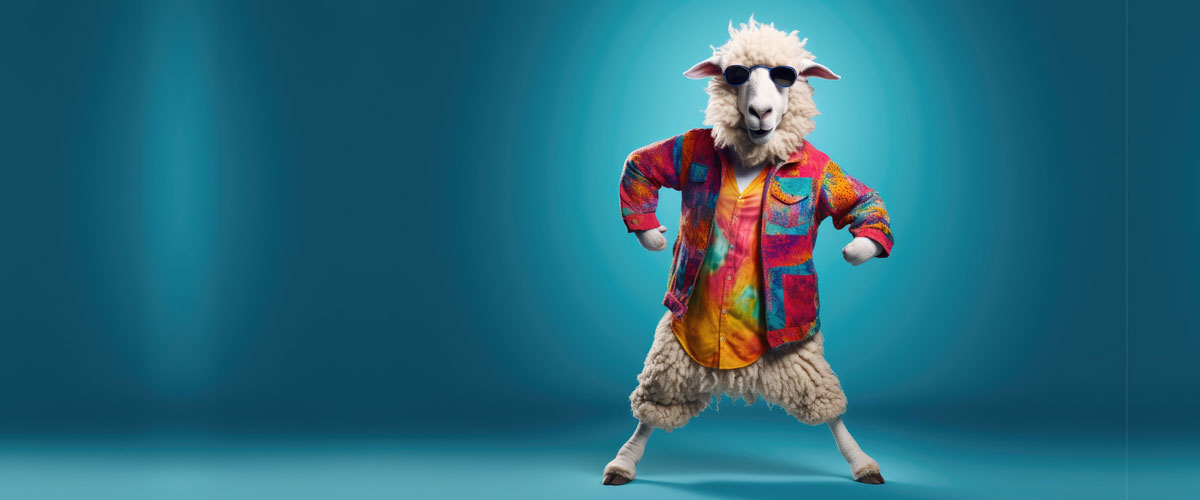 EIn Schaf mit Sonnenbrille steht auf 2 Beinen und trägt eine bunte Jacke.